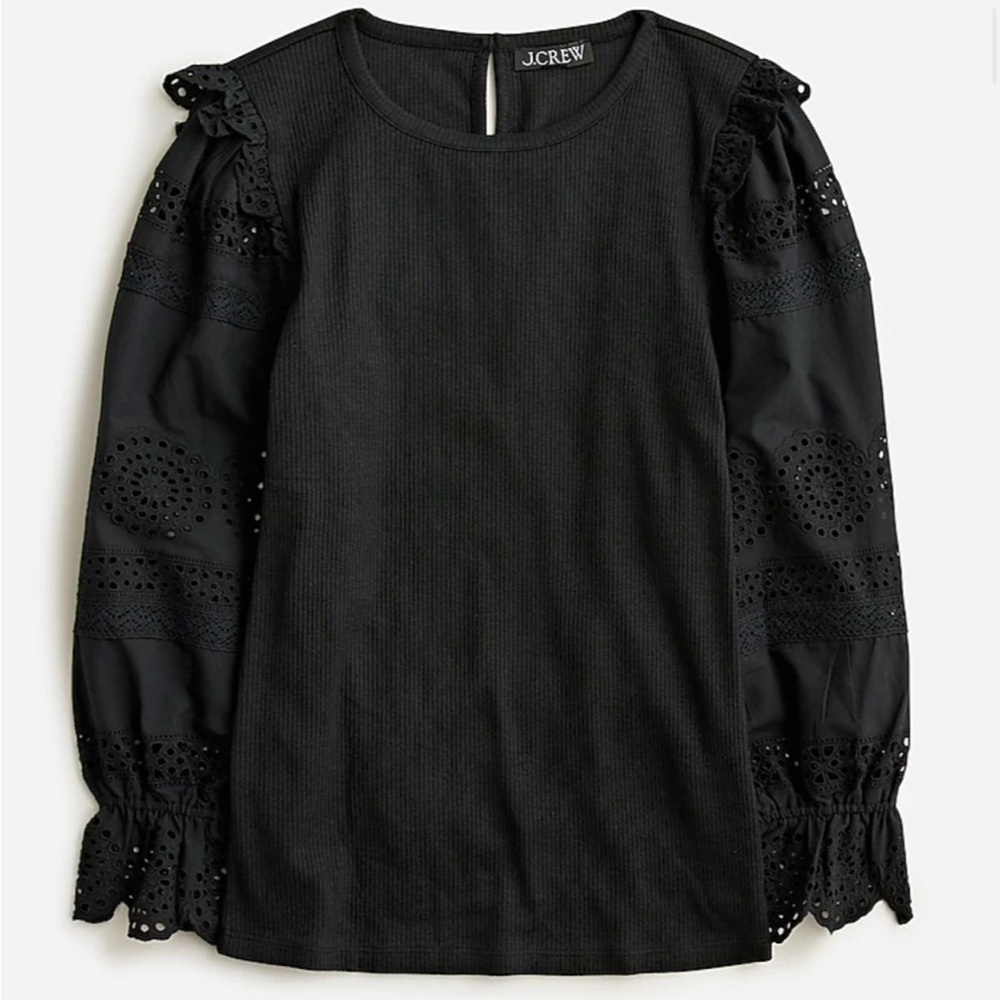 J. Crew Ruffle-Trim Eyelet Top In Vintage Rib- NWT- Black- Size MEDIUM